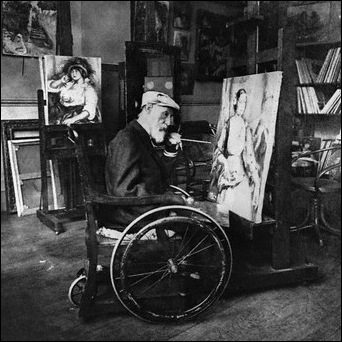 Renoir at work in his studio. His wheelchair was considered quite modern at the time. 1900s